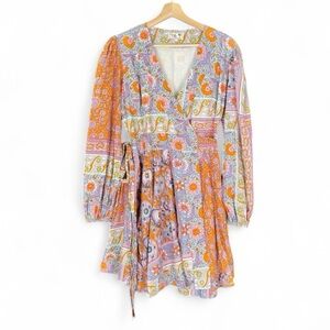 MILLE Women’s Boho Nan Floral Long Puff Sleeve Floral Wrap Above Knee Dress L
